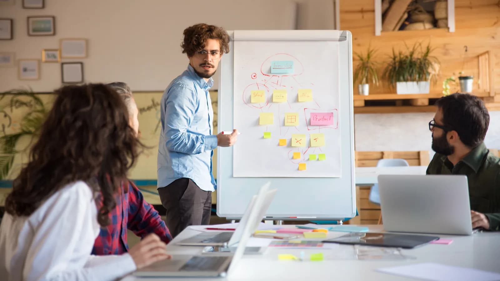Un responsable dessine un parcours client au tableau pendant une réunion d'équipe