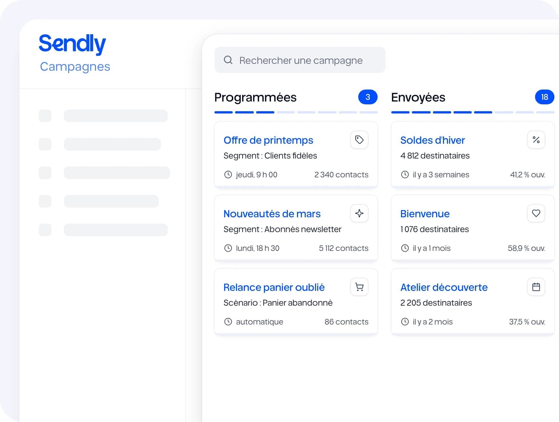 Tableau des campagnes Sendly : programmées et envoyées, avec leurs taux d'ouverture