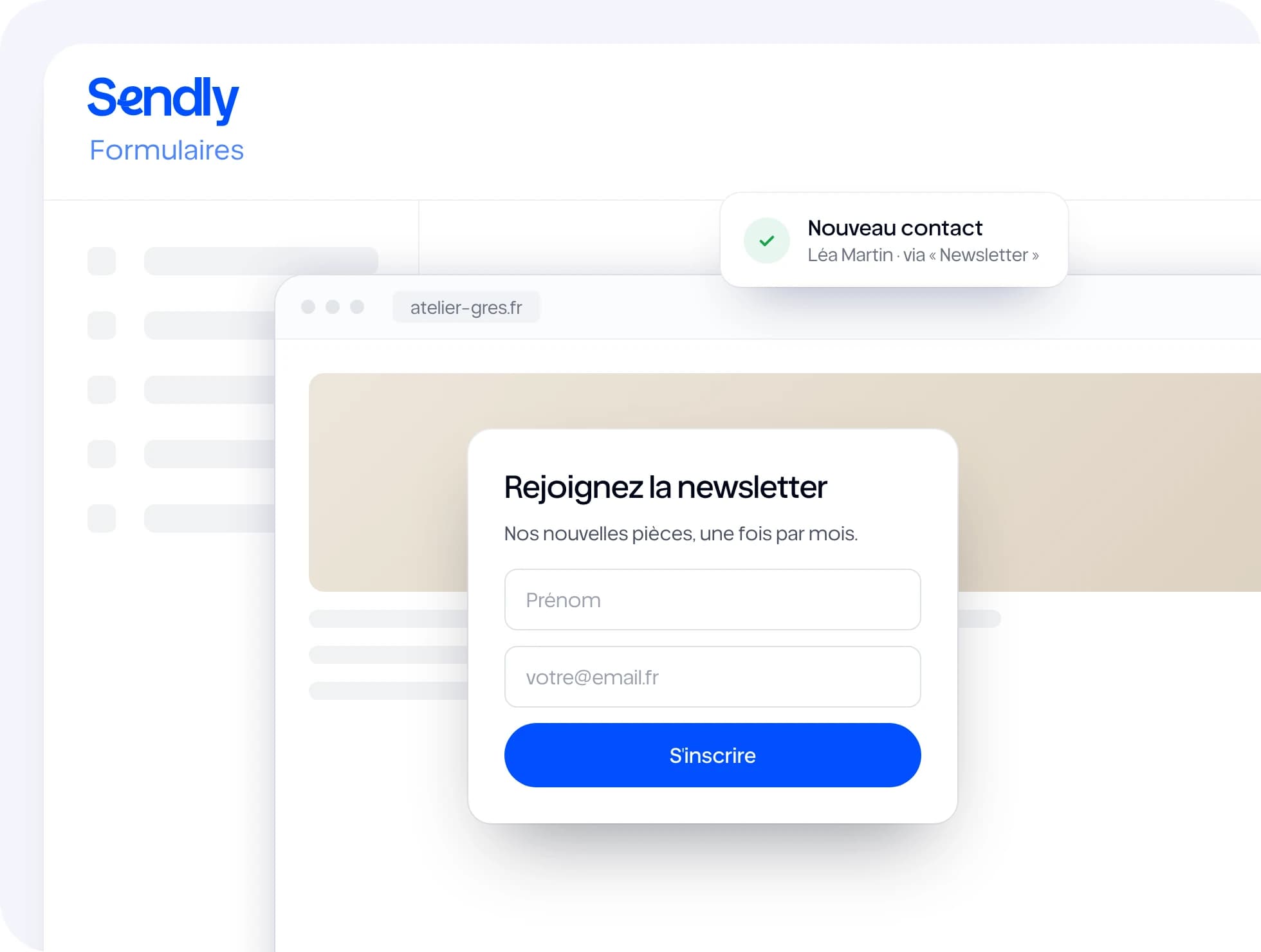 Pop-up d'inscription sur un site, et le nouveau contact reçu dans Sendly